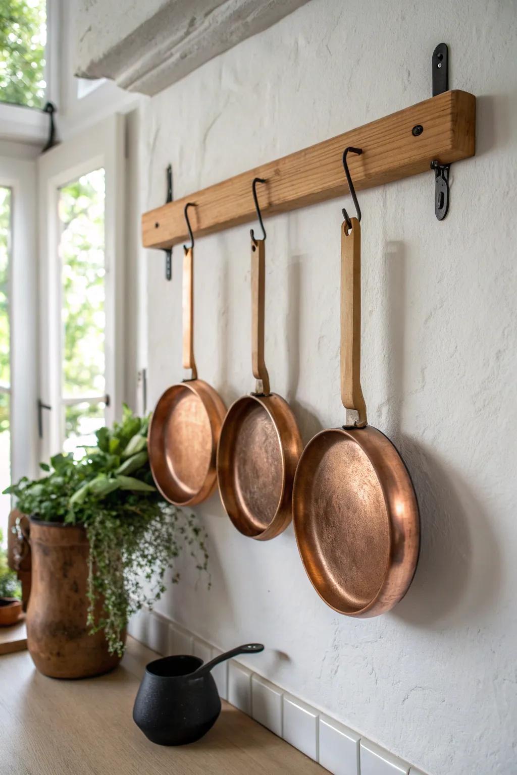 Turn patina cookware into art with a sleek oak pot rail—minimal, warm, and chef-worthy.