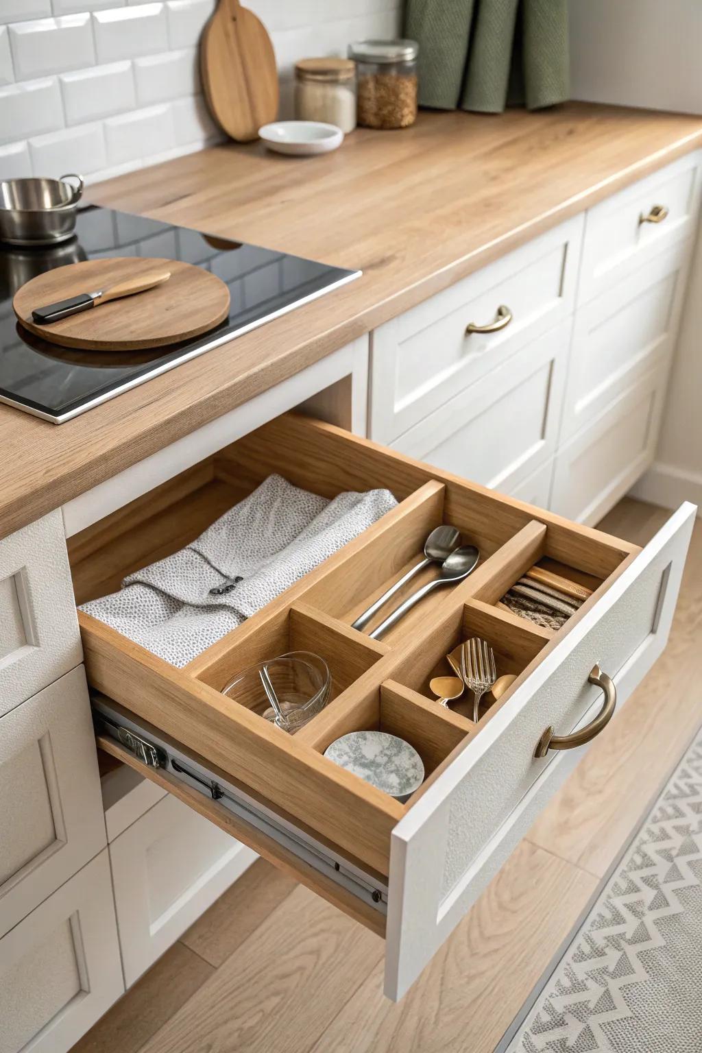 Bonus storage: a hidden shallow tray glides inside your deep drawer for mitts and spoons.
