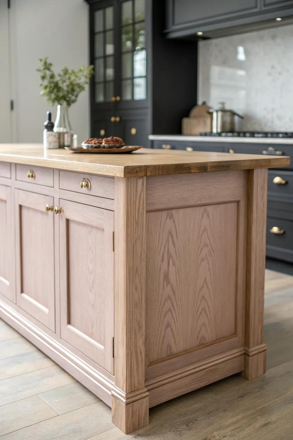 A dusty blush island brings soft warmth and chic contrast against moody dark cabinets.