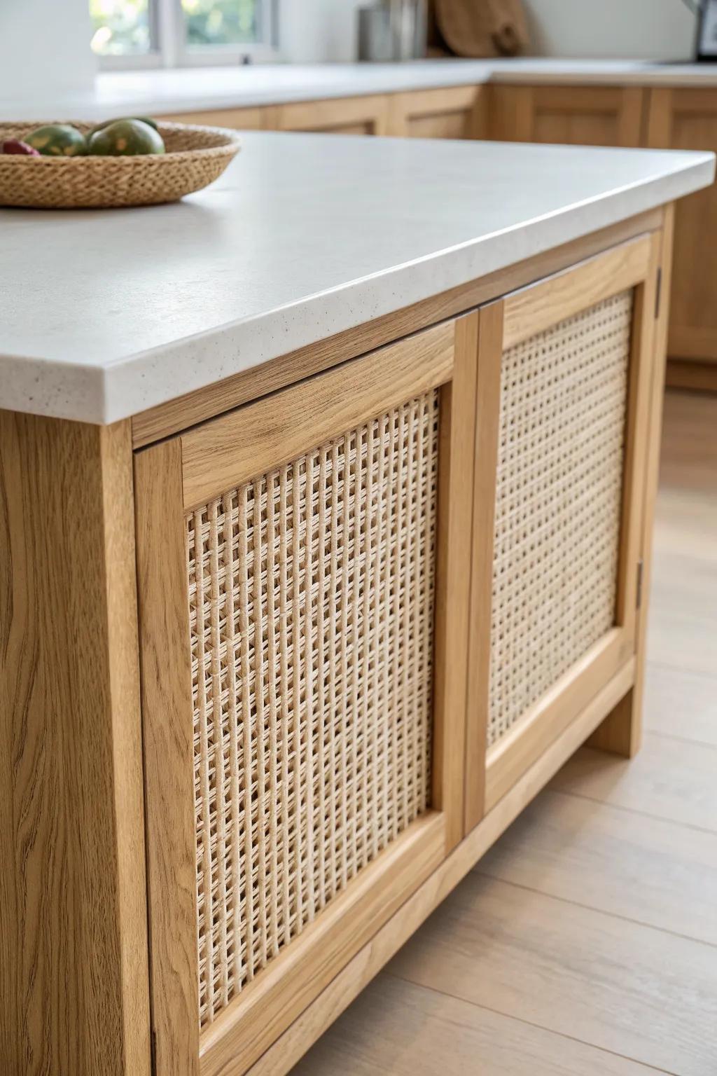 Airy cane-webbed island panels add vintage texture and warmth to minimalist wood kitchens.