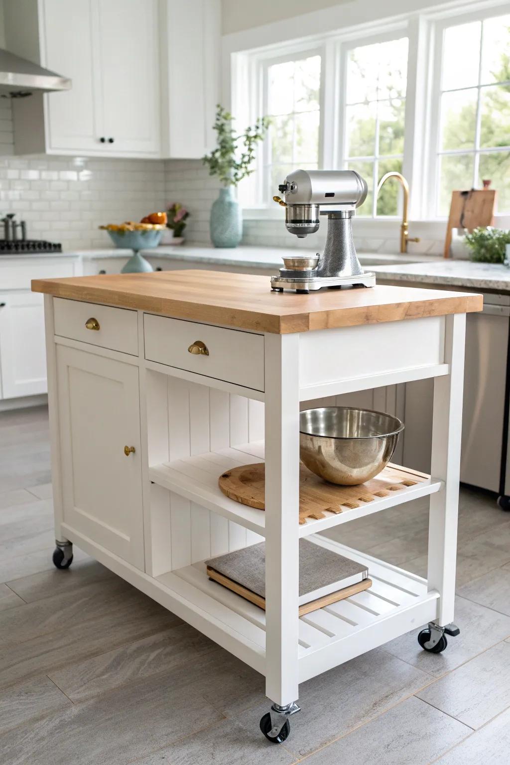 A rolling island “appliance garage” keeps counters clear—pull out, plug in, tuck away.