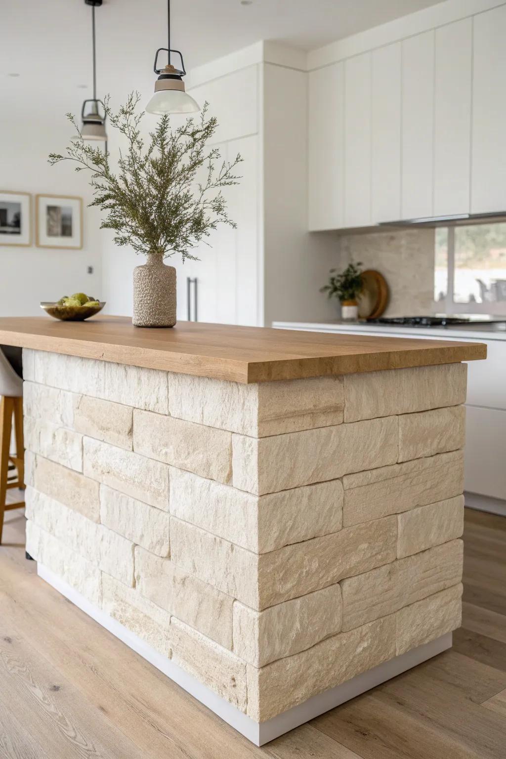 Thin stone veneer gives your island a sculptural, handcrafted look with clean, intentional corners.