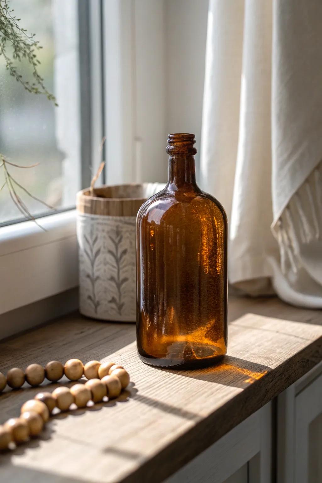 An amber vintage bottle on a light oak shelf adds cozy farmhouse charm—clean, calm, timeless.