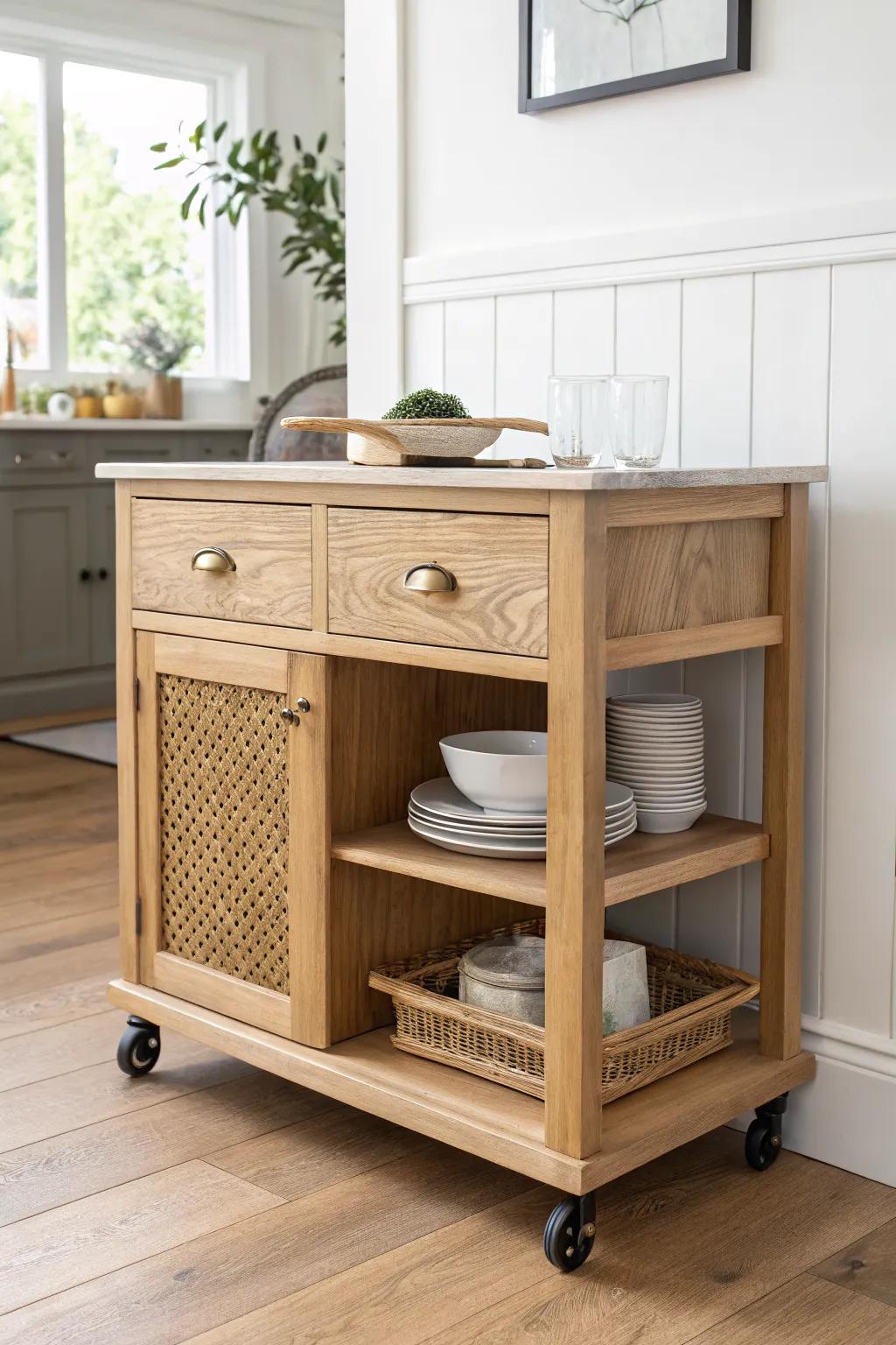 A handcrafted oak sideboard on locking casters—flexible storage that rolls right to the party.