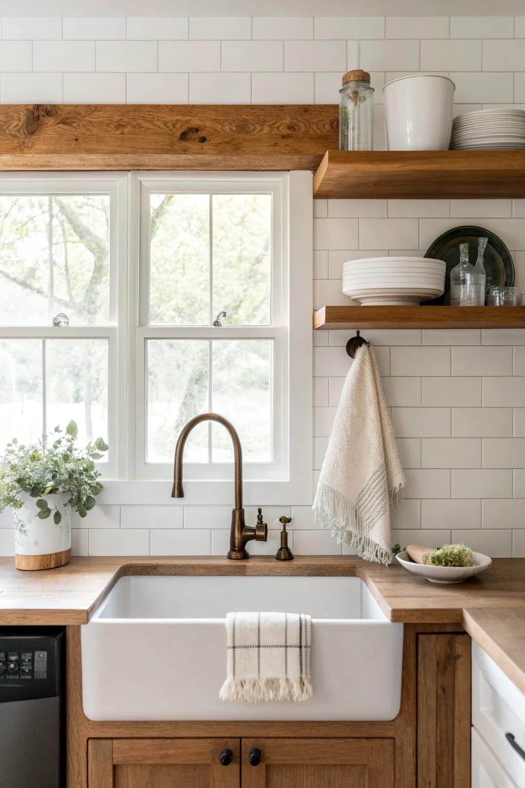 A simple stained wood mini valance caps open sink shelves for a clean, finished look.