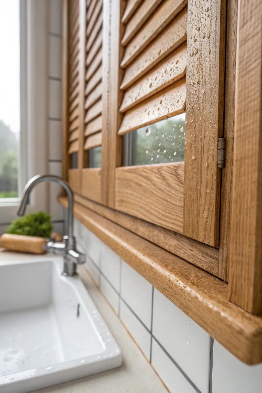 Extra-sealed wood shutters above the sink—water beads off for a calm, splash-proof look.