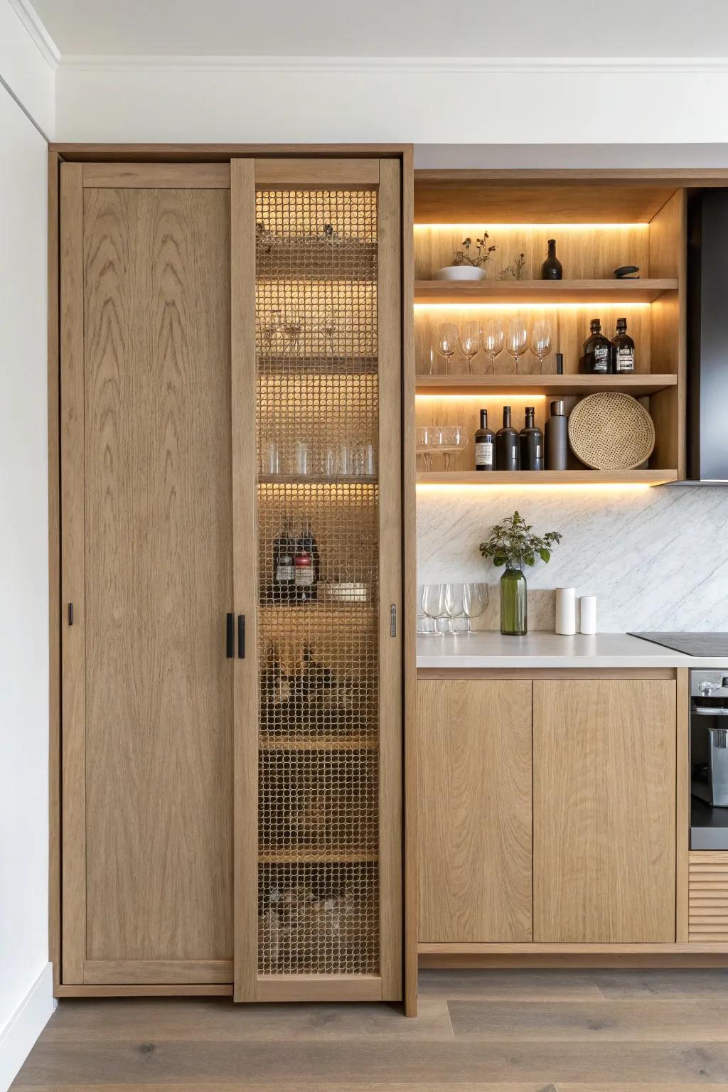 A hidden wine bar behind pocket doors—open for sipping, closed for instant calm.