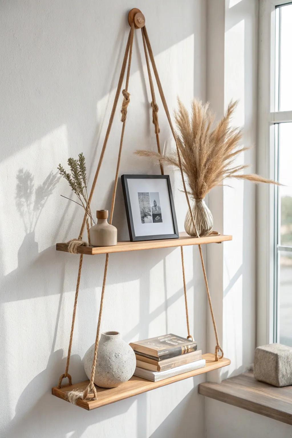 Airy two-tier hanging shelf with leather straps—perfect for tiny treasures and warm minimal style.