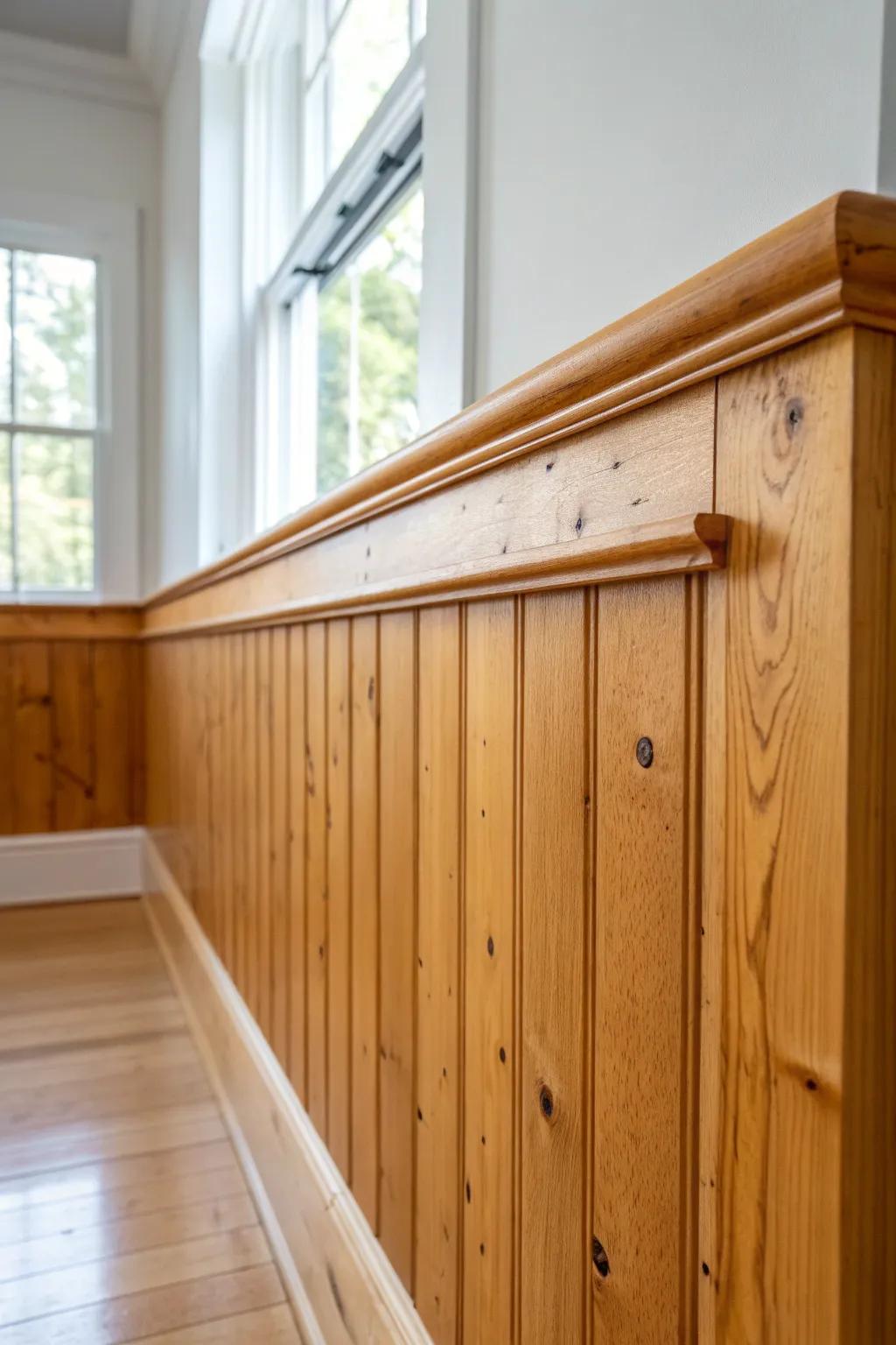 Knotty pine wainscoting with a slim cap rail—soft white paint above lightens the midline.
