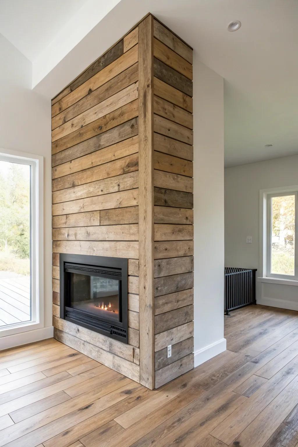 Reclaimed wood slats wrap the corner, giving an L‑shaped fireplace depth, contrast, and calm.