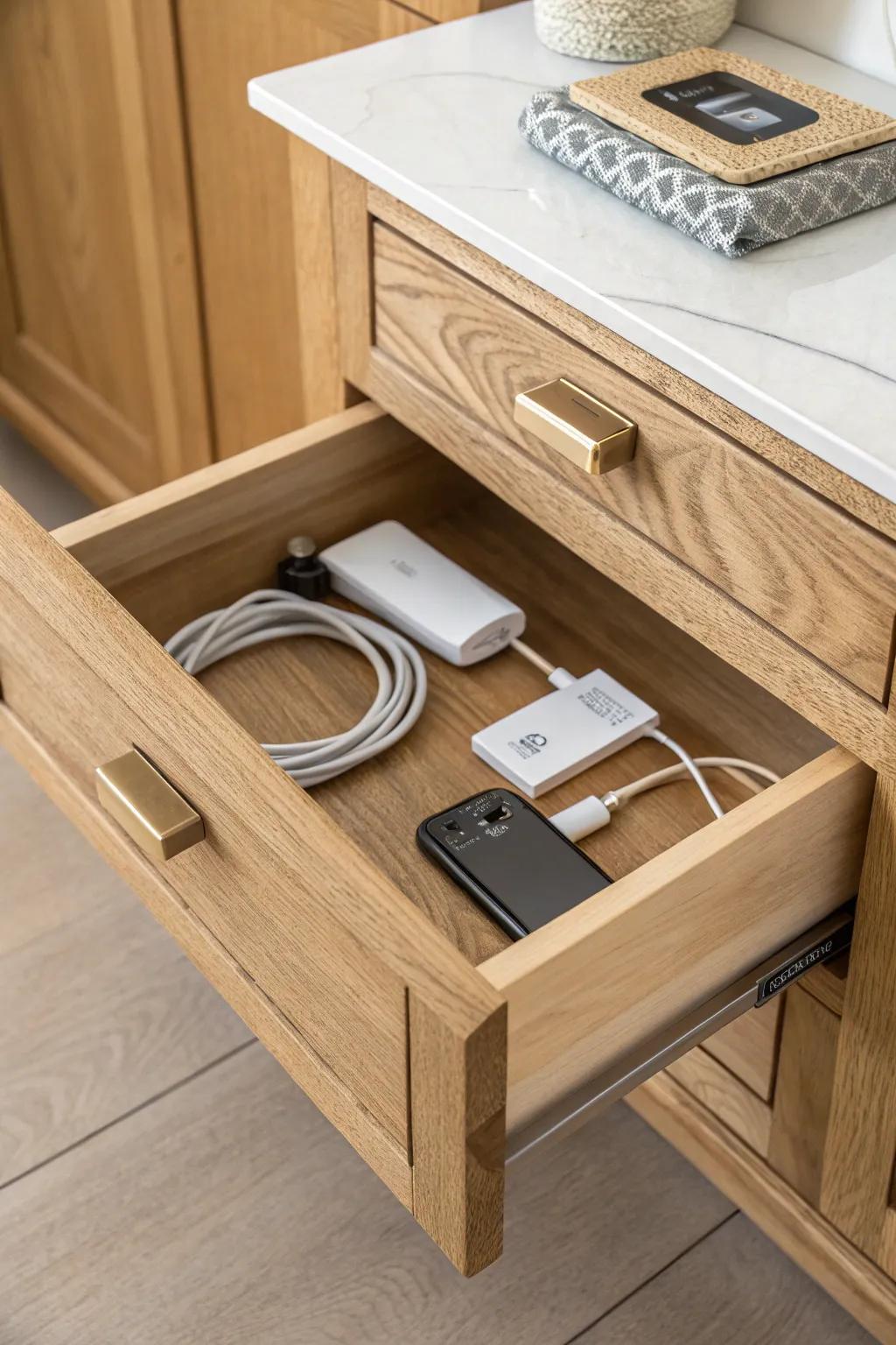 A corner charging drawer keeps the L-shaped mudroom command zone tidy and cord-free.