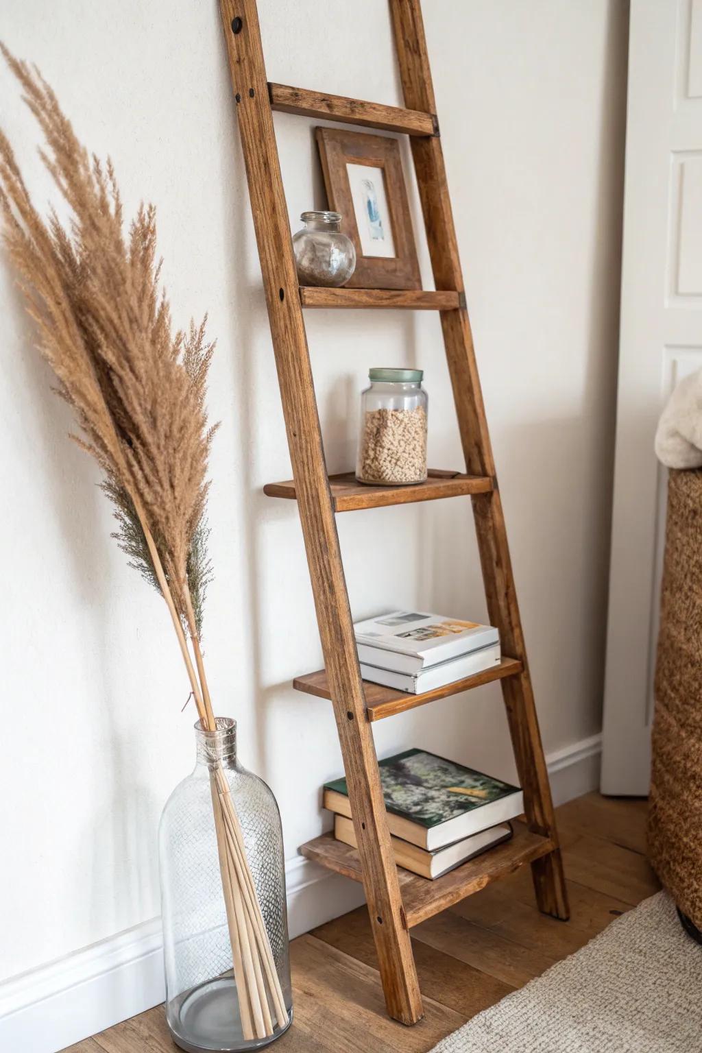 Reclaimed ladder shelf styling: vintage jars and frames paired with clean modern books