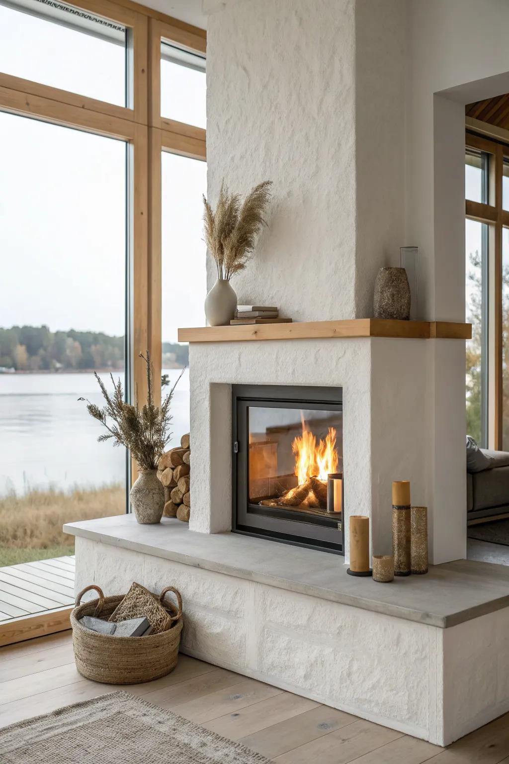 A two-sided lake house fireplace that warms both living and dining—minimal, cozy, stunning.