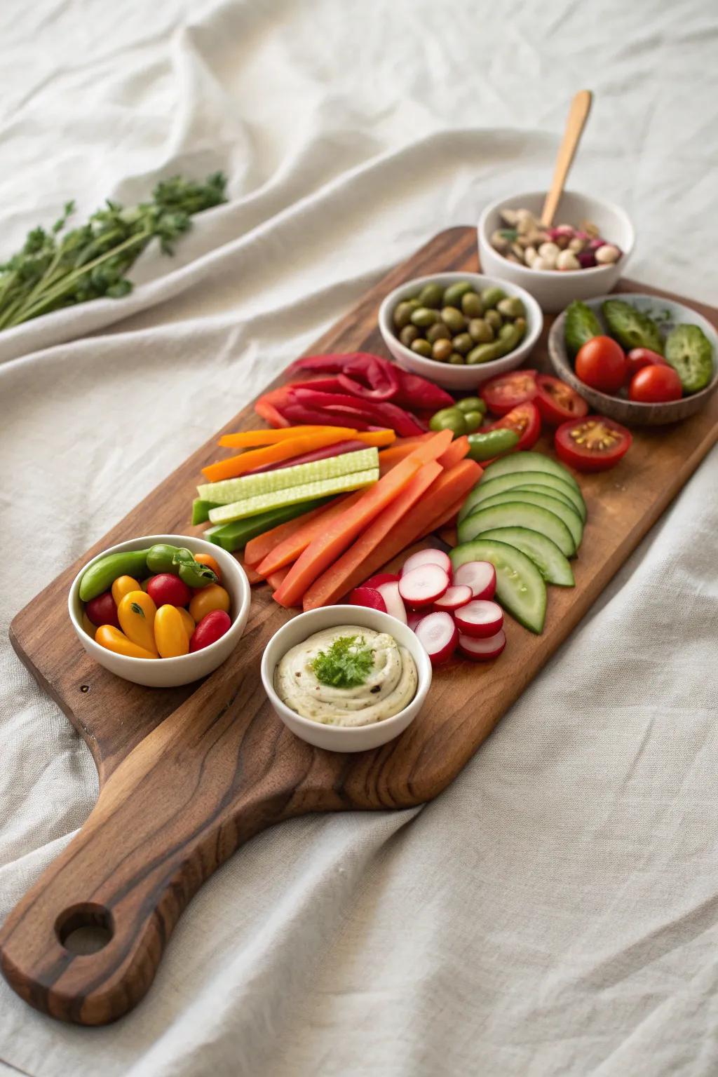 Veggie-forward grazing board: crunchy stacks, bold dips, and briny bites on warm wood.