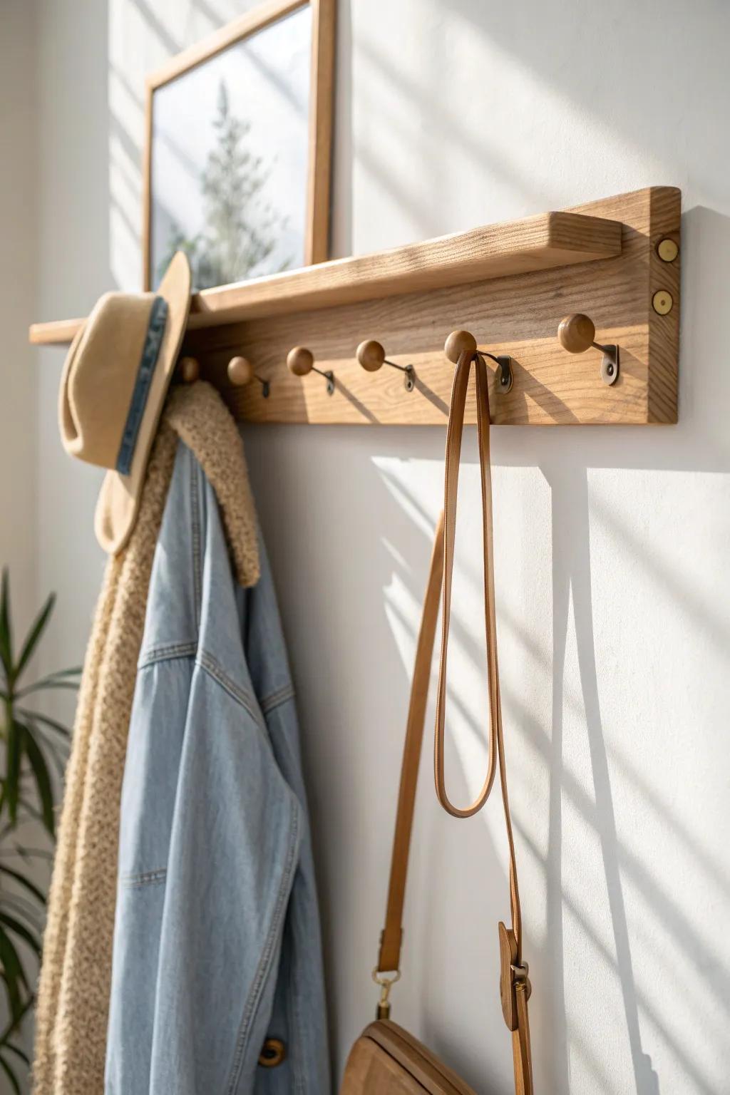 A slim flip-down oak coat rack that folds flat—perfect for tight laundry walkways.