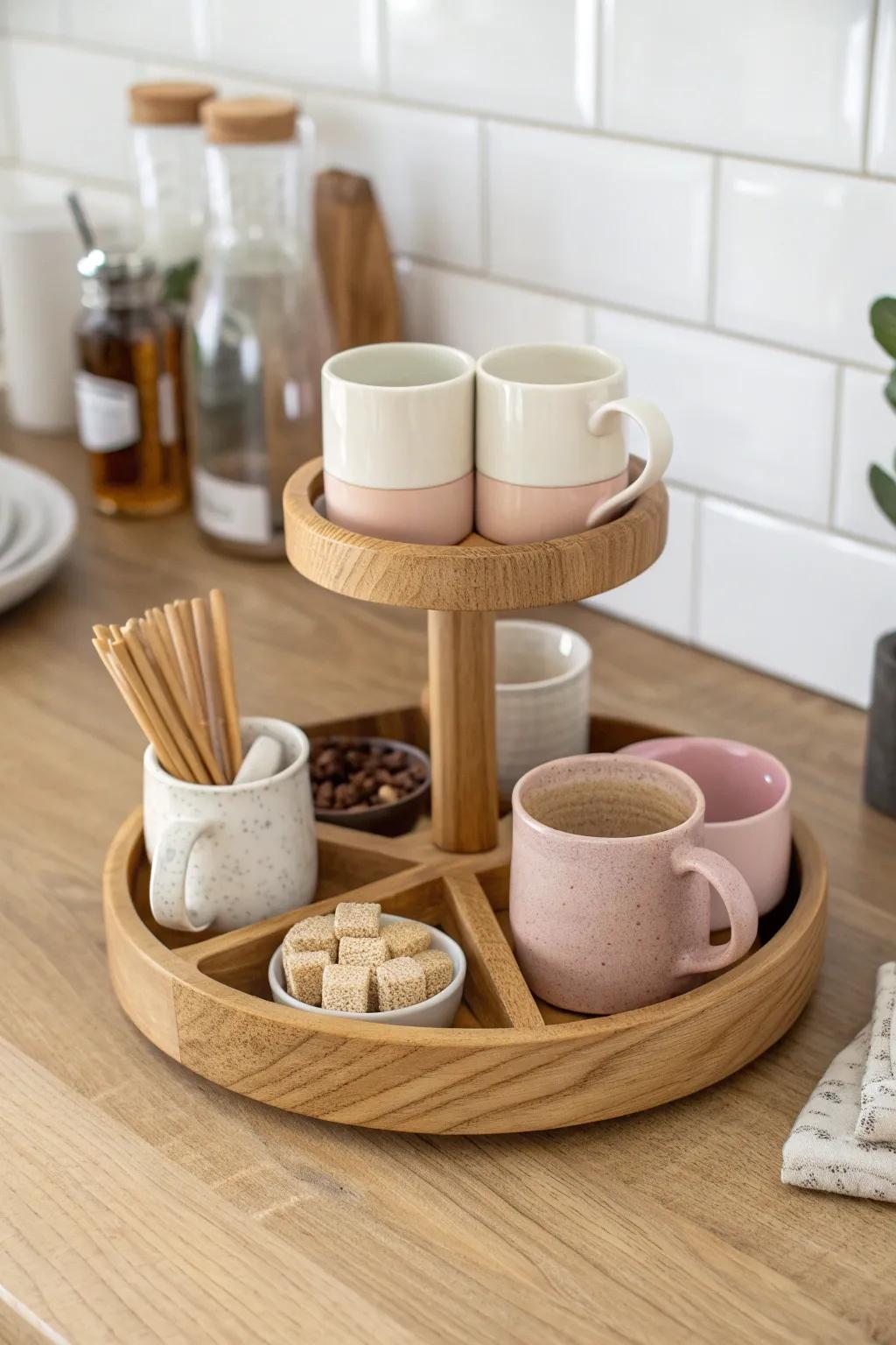 A tidy mug carousel lazy Susan—dividers, sugar, and stirrers in a calm, crafted coffee nook.