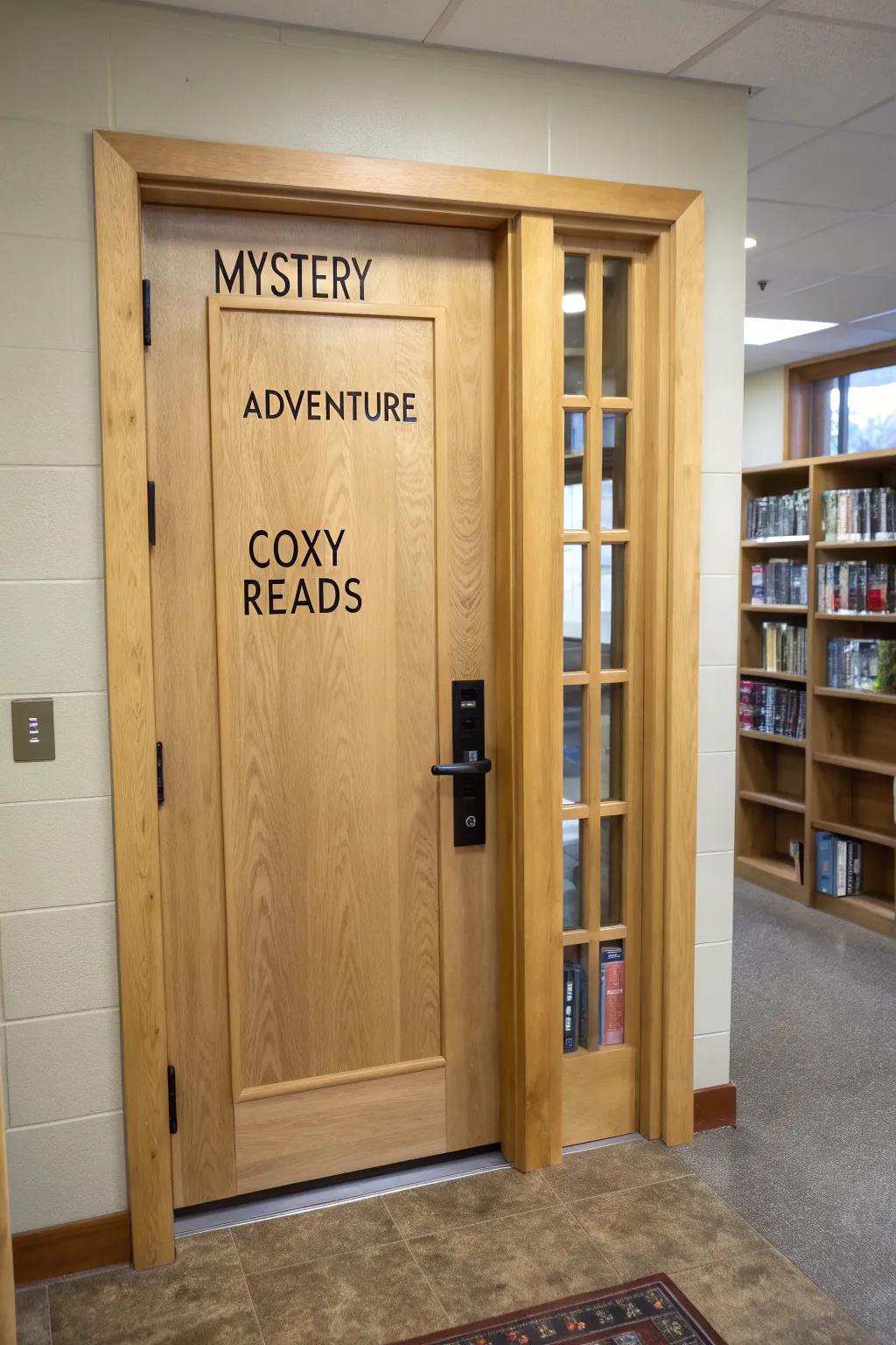 Turn your library door into a “Pick a Title” wall—simple pockets for cozy book picks.