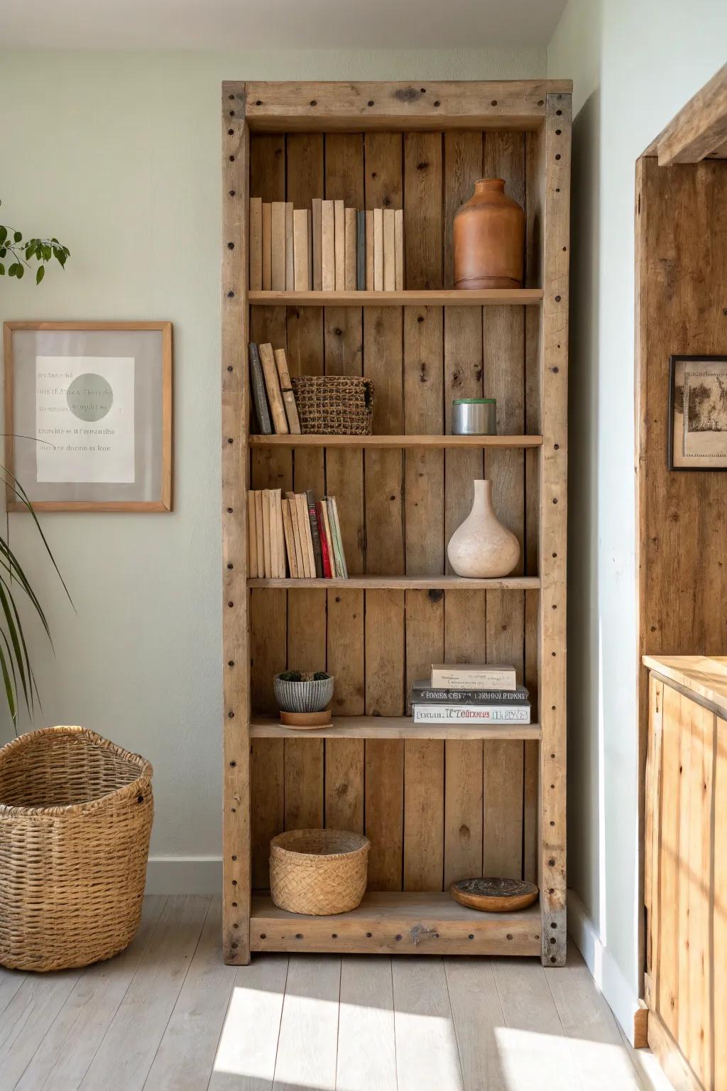 Reclaimed-wood bookcase wall: knots, nail holes, and warm texture for a cozy library living room.