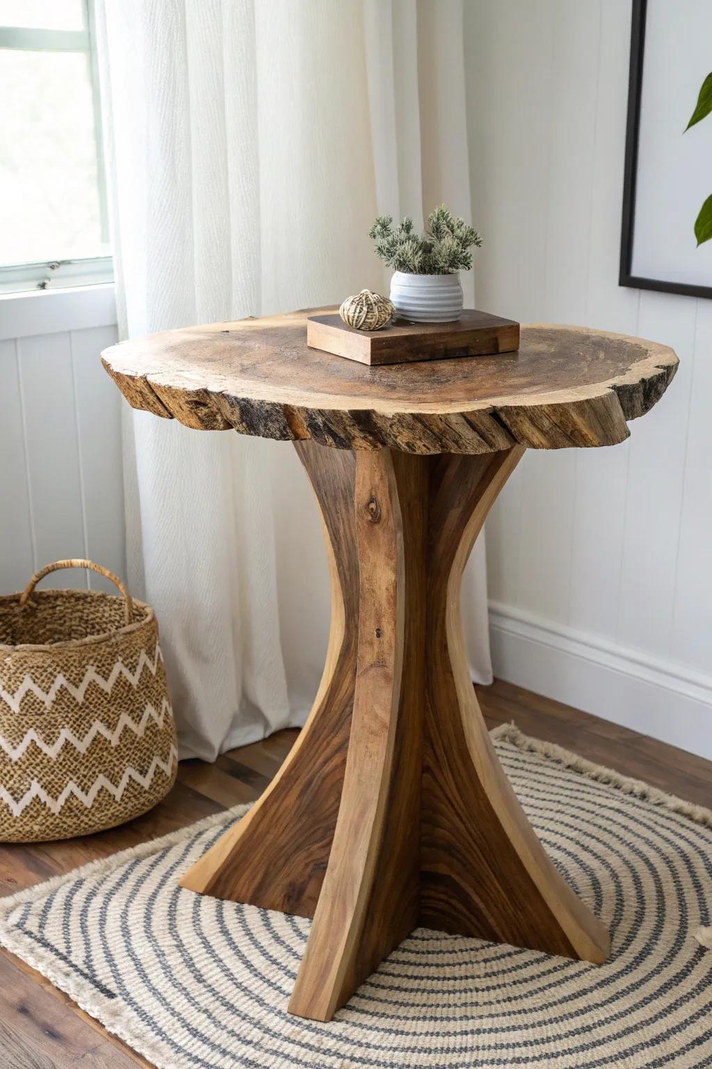 Book-matched live edge end table: mirrored walnut grain symmetry that feels like nature’s art.