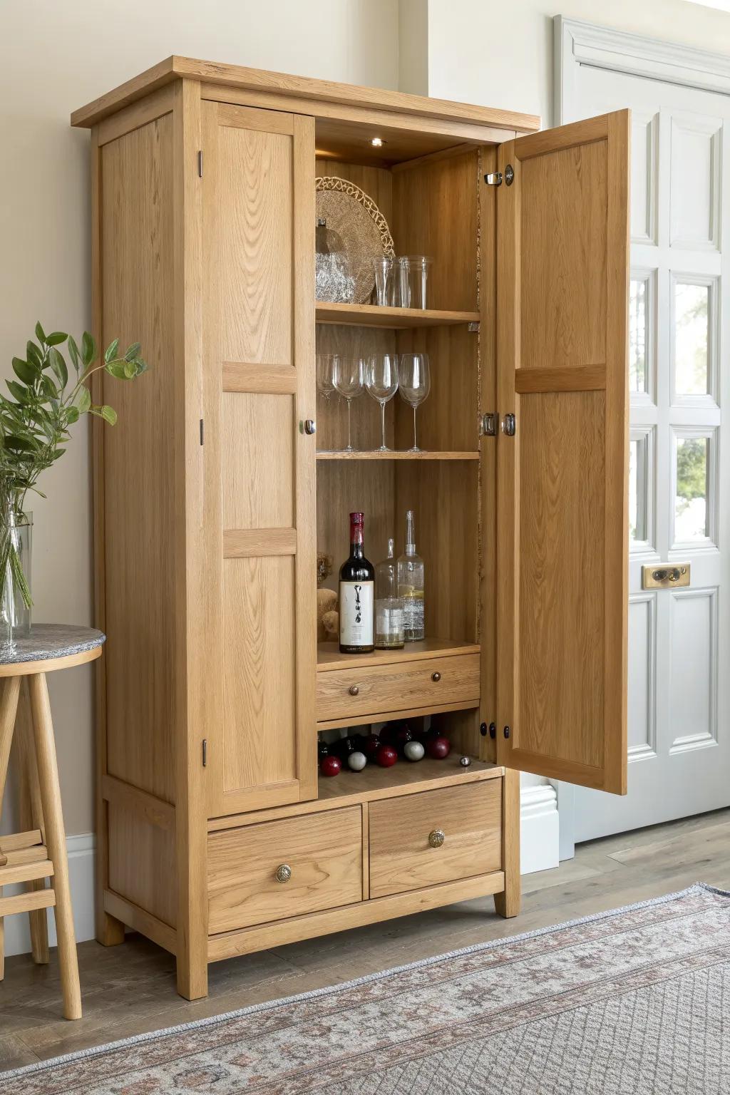 Turn a living room armoire into a hidden bar with rails, bottle shelf, and an easy-clean tray.