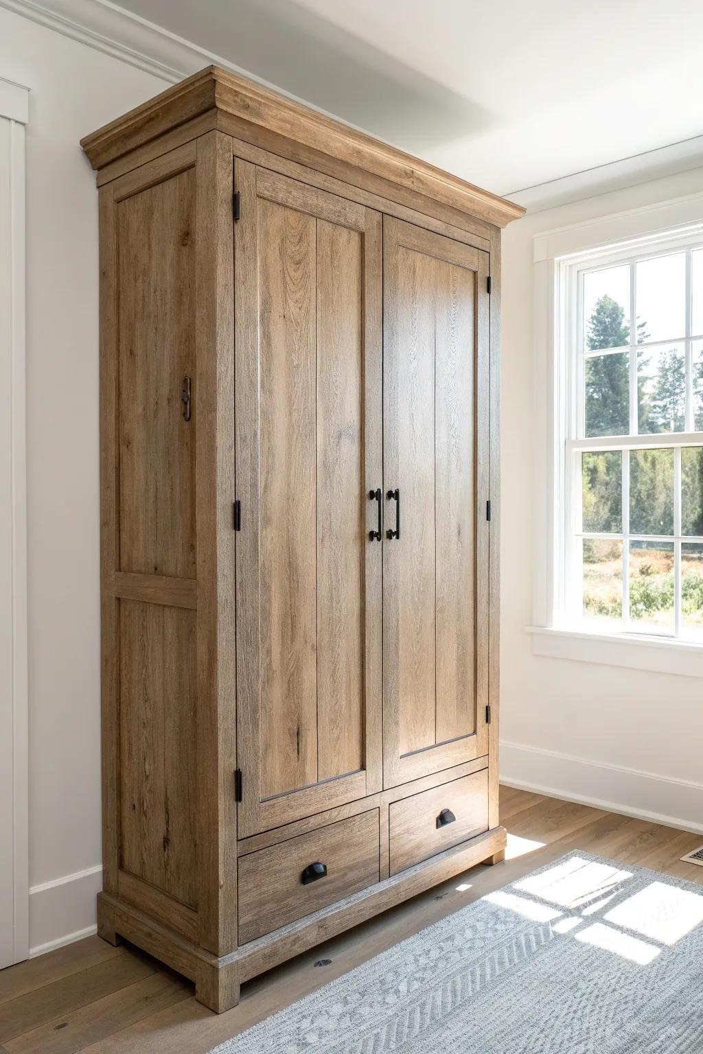 Reclaimed wood built-in armoire that looks like original millwork—warm, seamless storage.