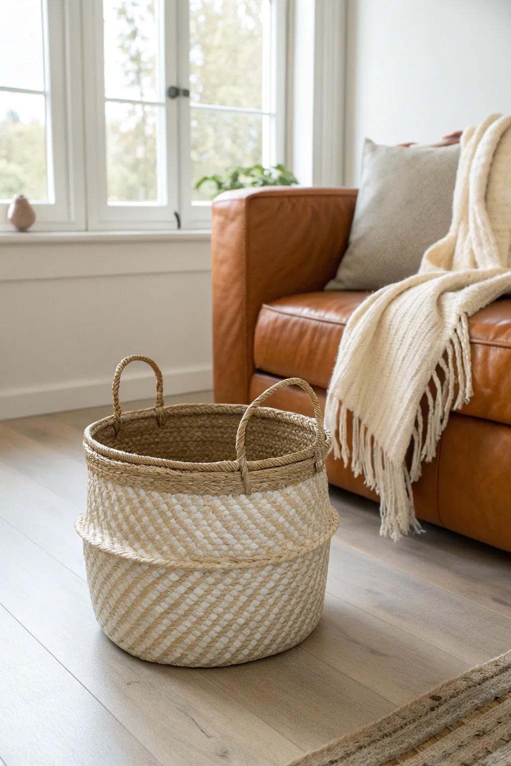 A woven seagrass basket lightens the look of a brown couch—warm, airy, and handcrafted.