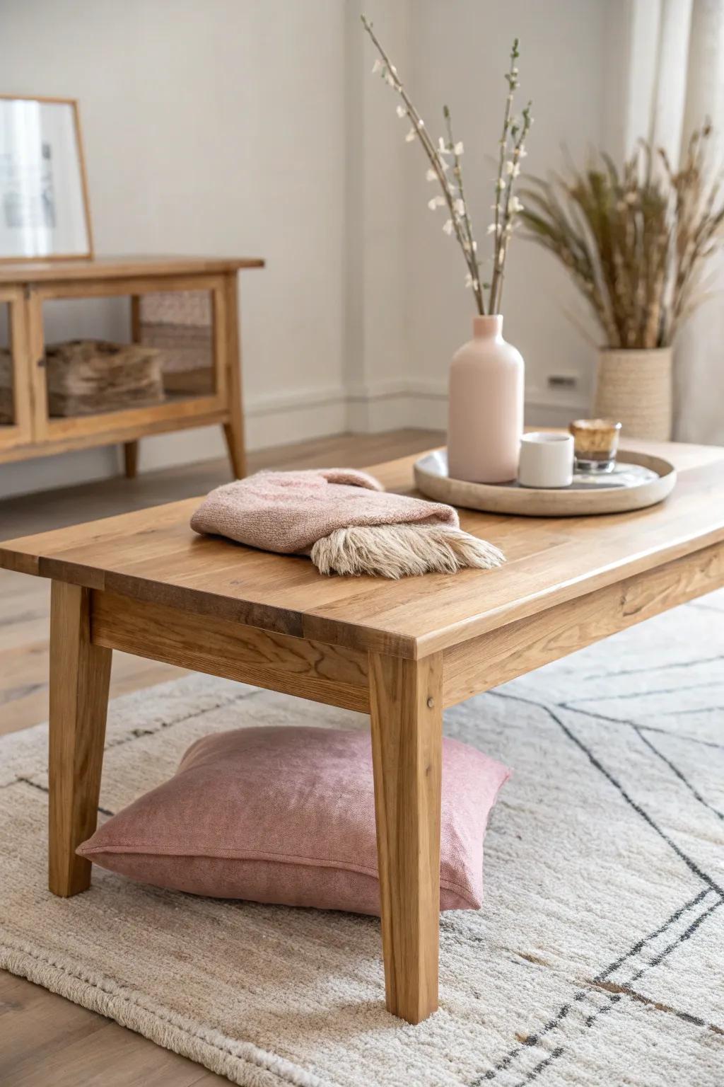 Dusty blush accents meet warm oak—modern, cozy contrast for a grown-up living room.