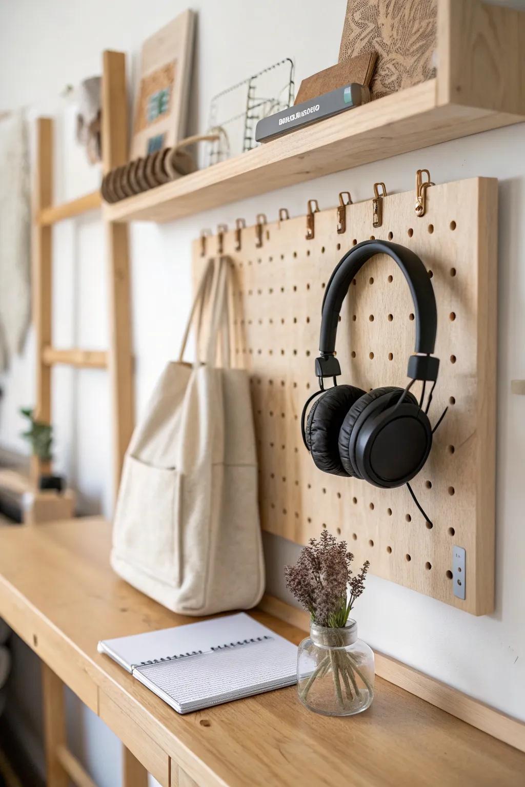 Workshop-style pegboard nook: keep your loft-bed desk clear, cute, and perfectly organized.