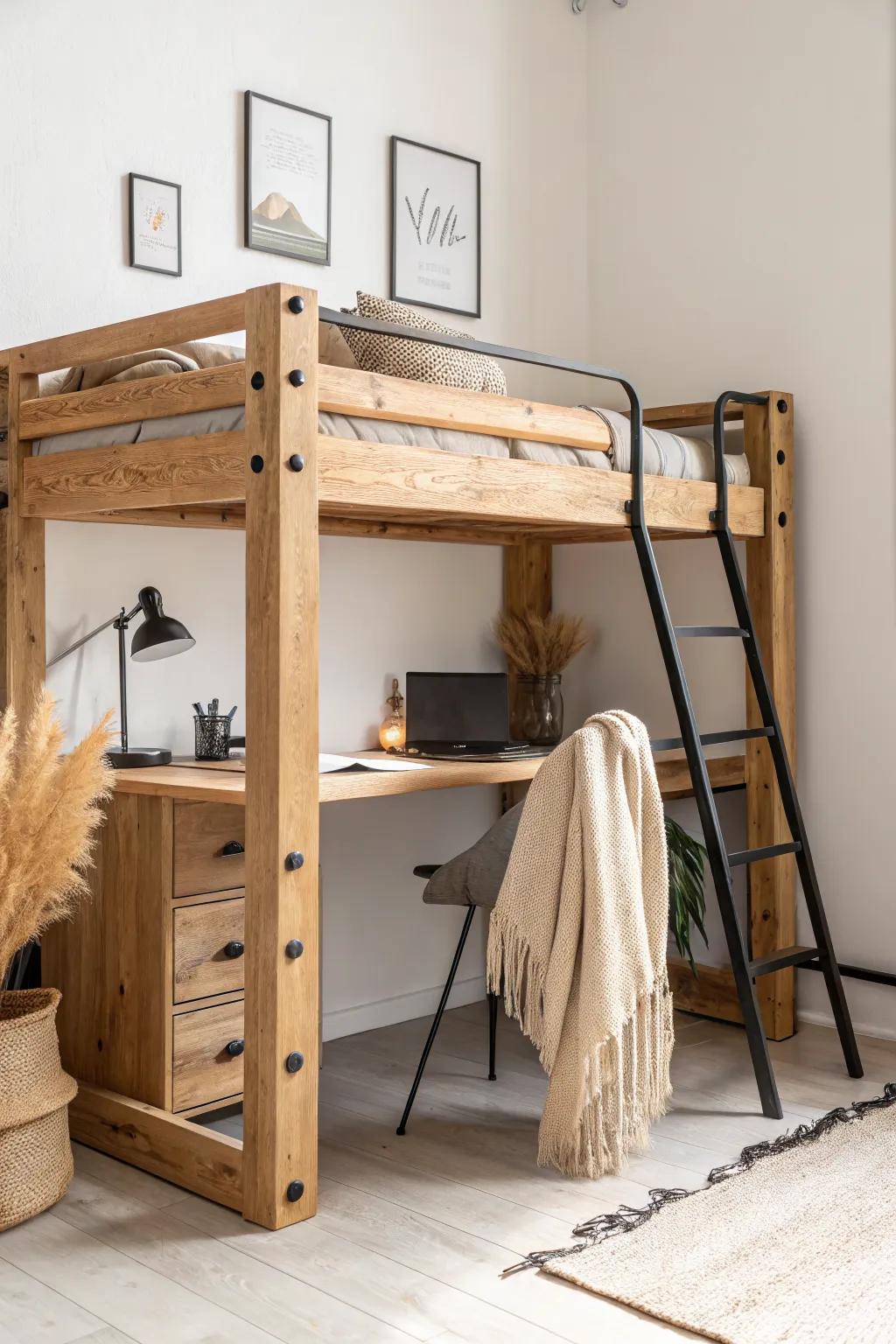 Chunky oak + matte-black brackets create a loft bed desk that feels handmade and modern.