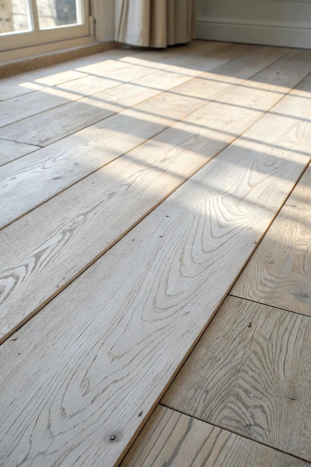 Whitewashed loft flooring: test wash coats on offcuts to keep beams balanced and the room airy.