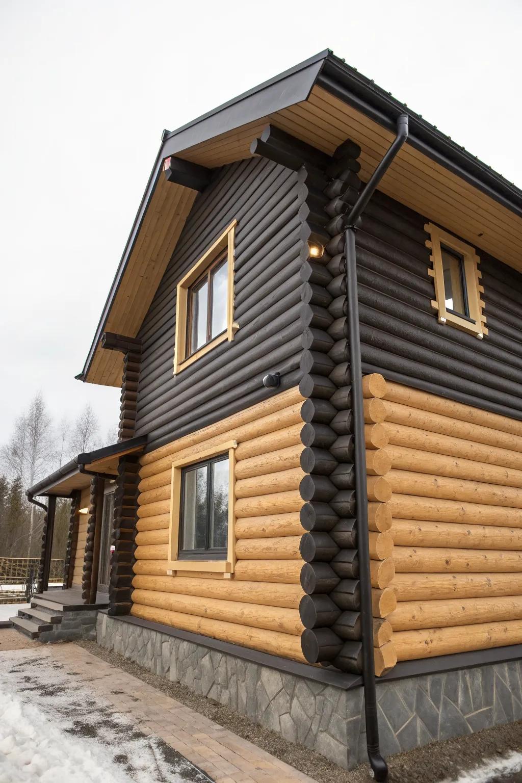 Two-tone log cabin look: dark base + light upper logs to add cozy, grounded visual weight.
