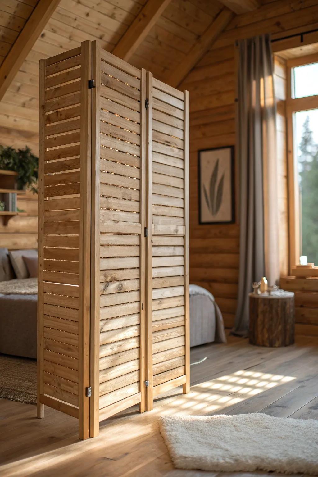 Airy slatted wood divider brings loft privacy while keeping your log cabin light and open.