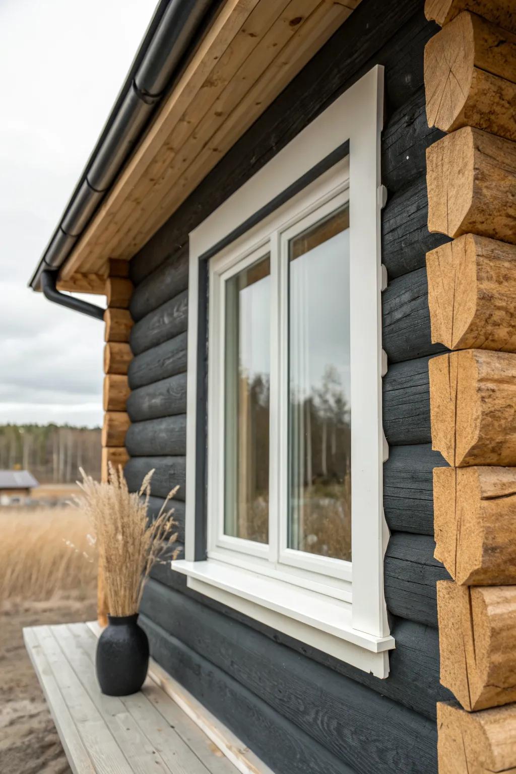 Light window trim with dark fascia—clean Scandinavian contrast that instantly anchors a cabin roofline.