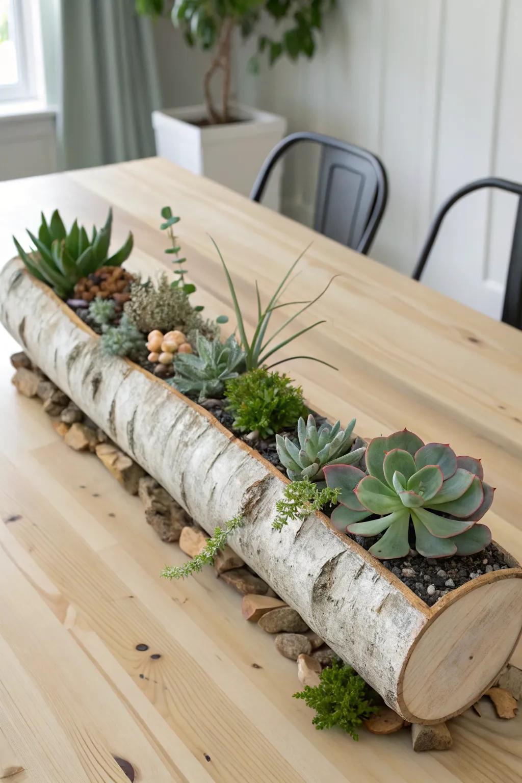 Carved log pockets filled with succulents—an airy, minimal centerpiece with natural charm.