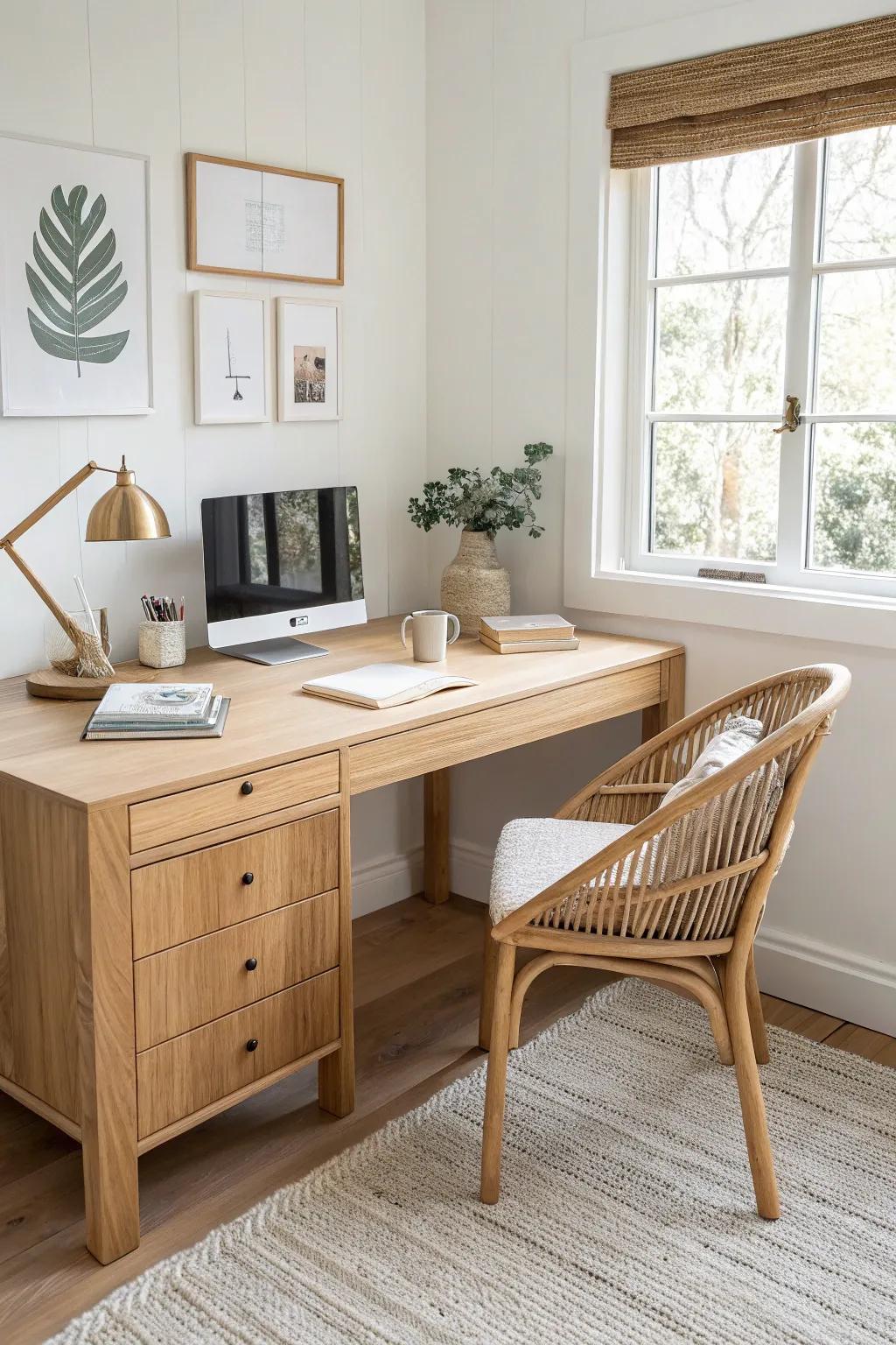 A wraparound long desk corner in light oak—clean zones for work, writing, and projects.