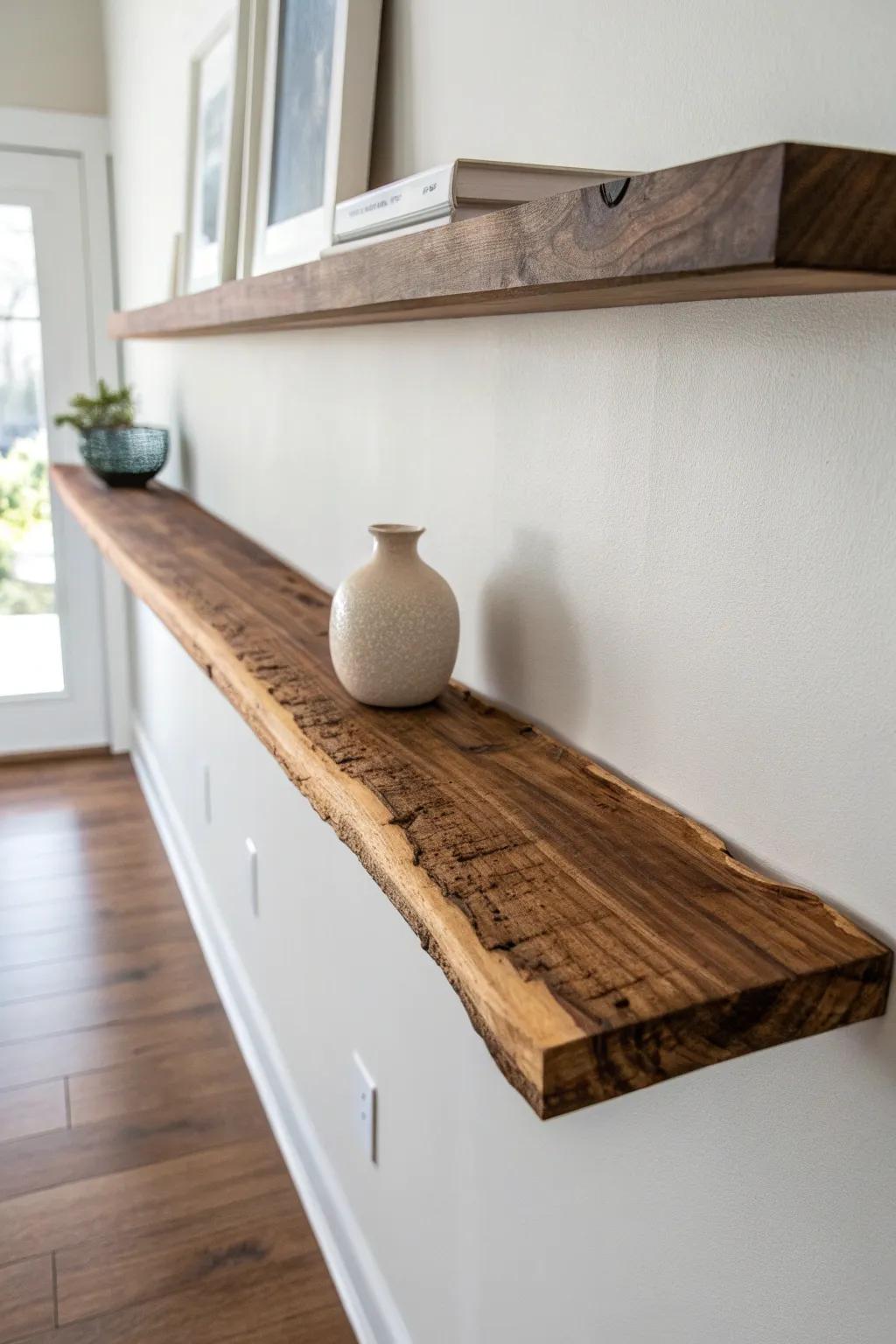 Long live-edge plank shelf—natural wood grain meets minimalist calm on a bright wall.