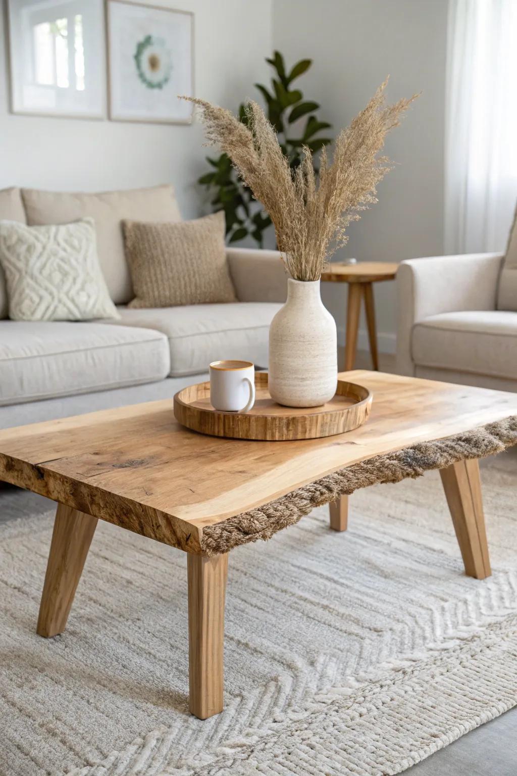 A live-edge maple coffee table anchors two facing loveseats for a timeless, cozy layout.