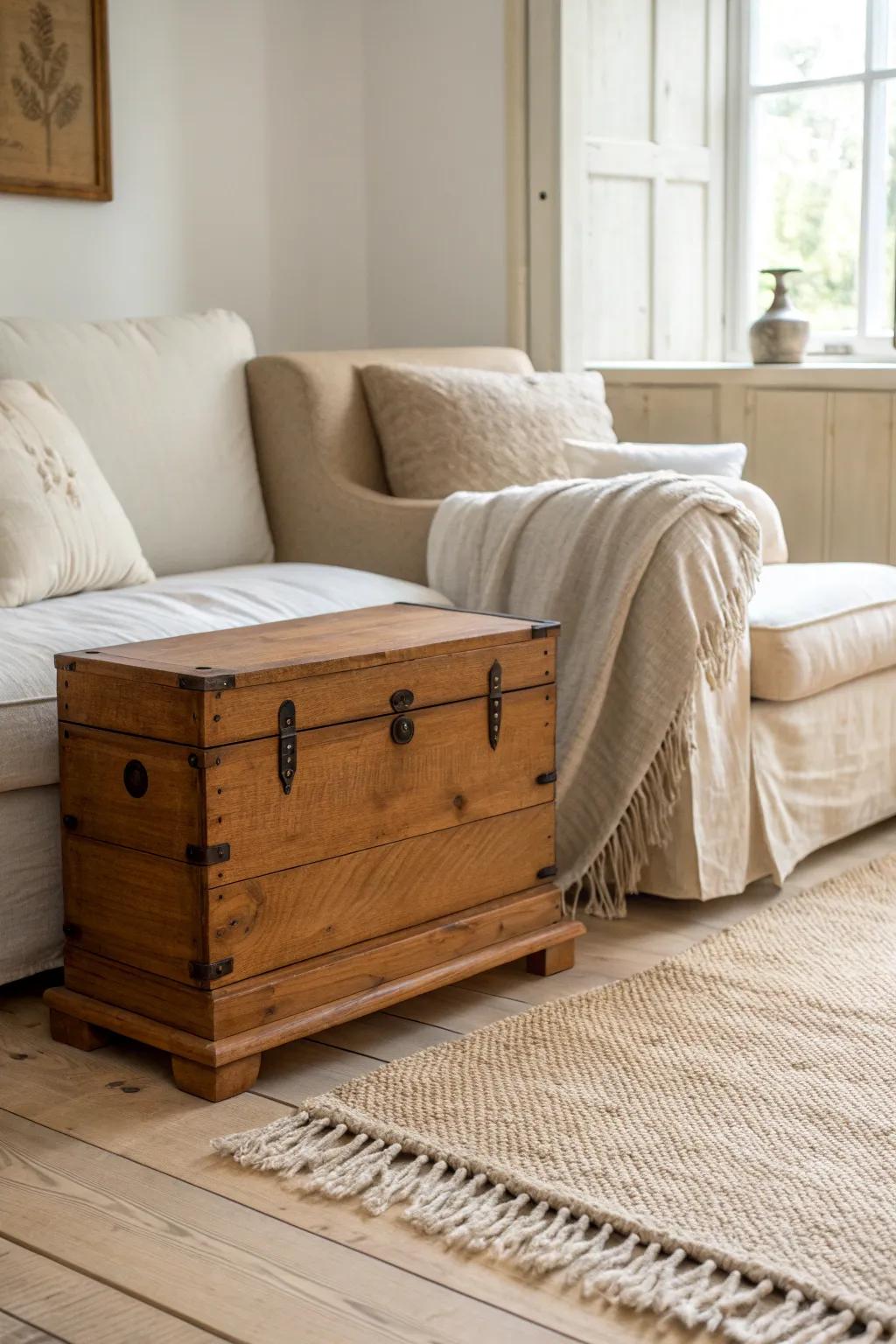 A refined cedar storage chest behind the loveseat—hidden blanket storage with warm, natural patina.