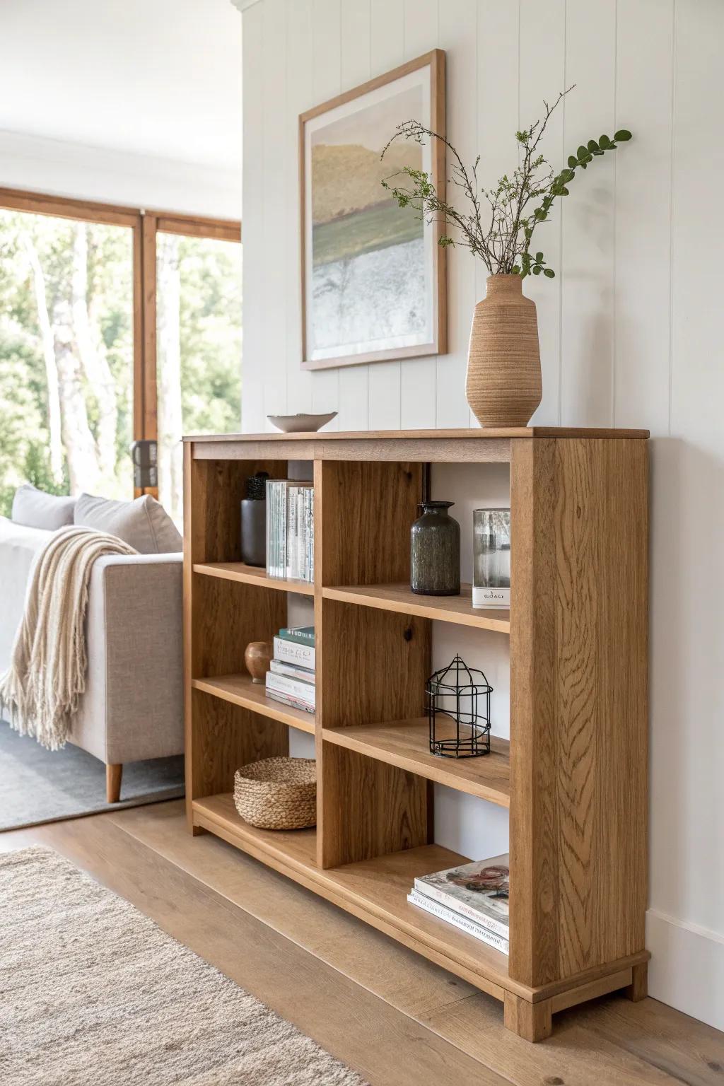 Low oak bookshelf divider half-wall: minimalist storage that separates spaces while staying light and airy.
