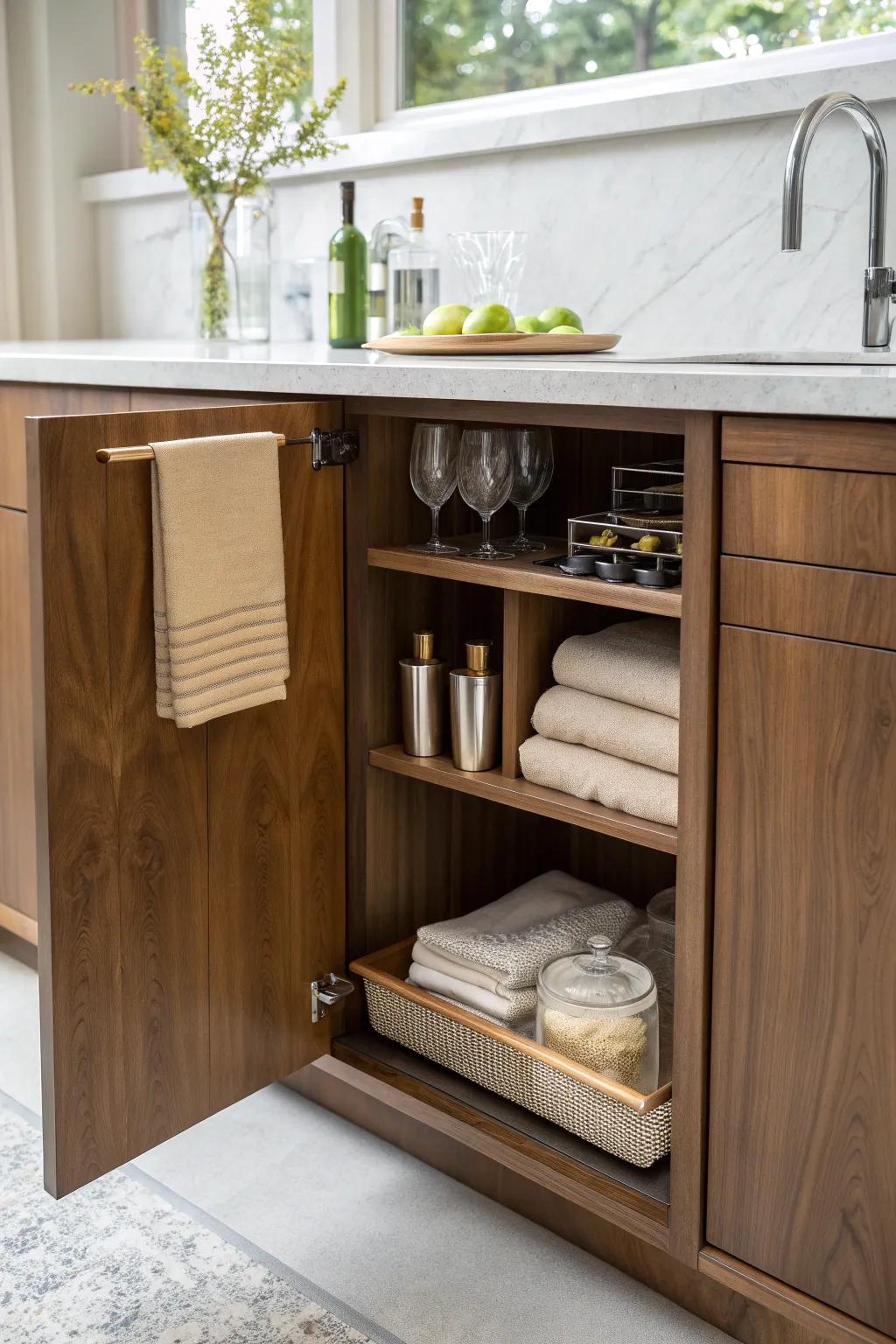 Hidden storage keeps your basement bar calm—clear counters, seamless cabinetry, pure luxury.