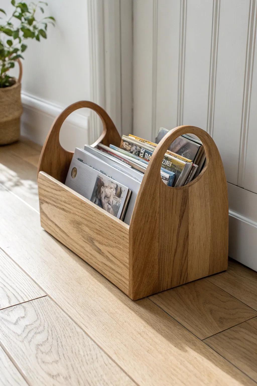 Carry your favorite reads anywhere—this minimal wood-handled magazine tote keeps it effortless.