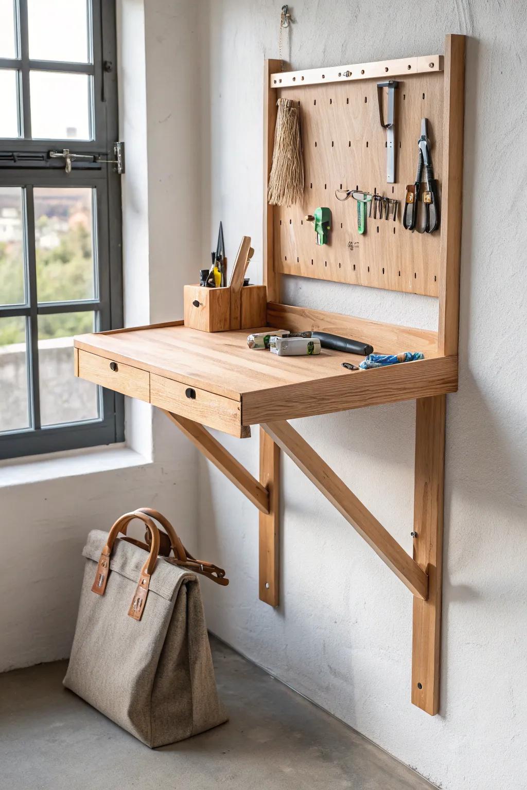 Fold-down oak wall workbench: compact, sturdy, and beautiful—perfect for tiny makerspaces.