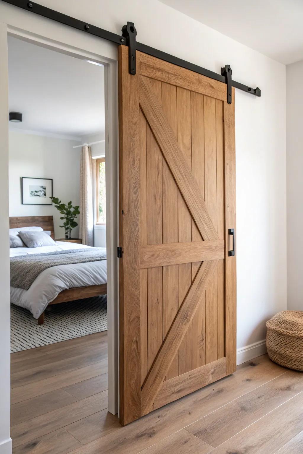 Space-saving sliding barn door closet upgrade—warm wood texture, bold hardware, lodge vibe.