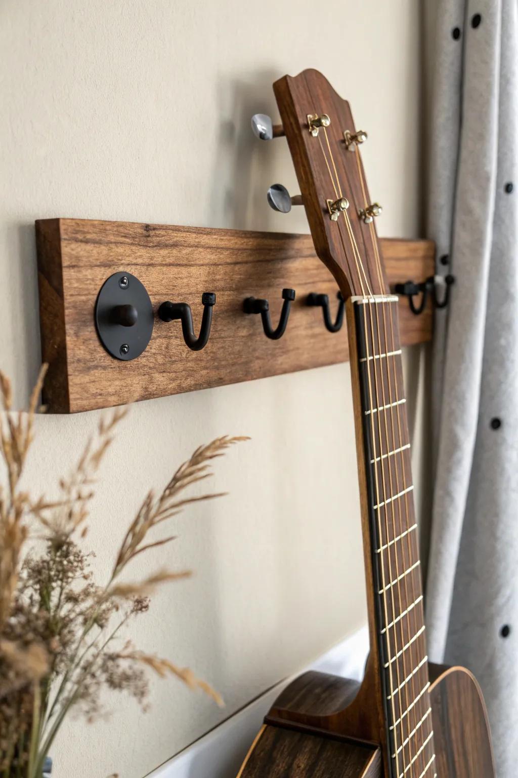 Turn guitar storage into wall art with sleek hooks on a stained wood backer board.