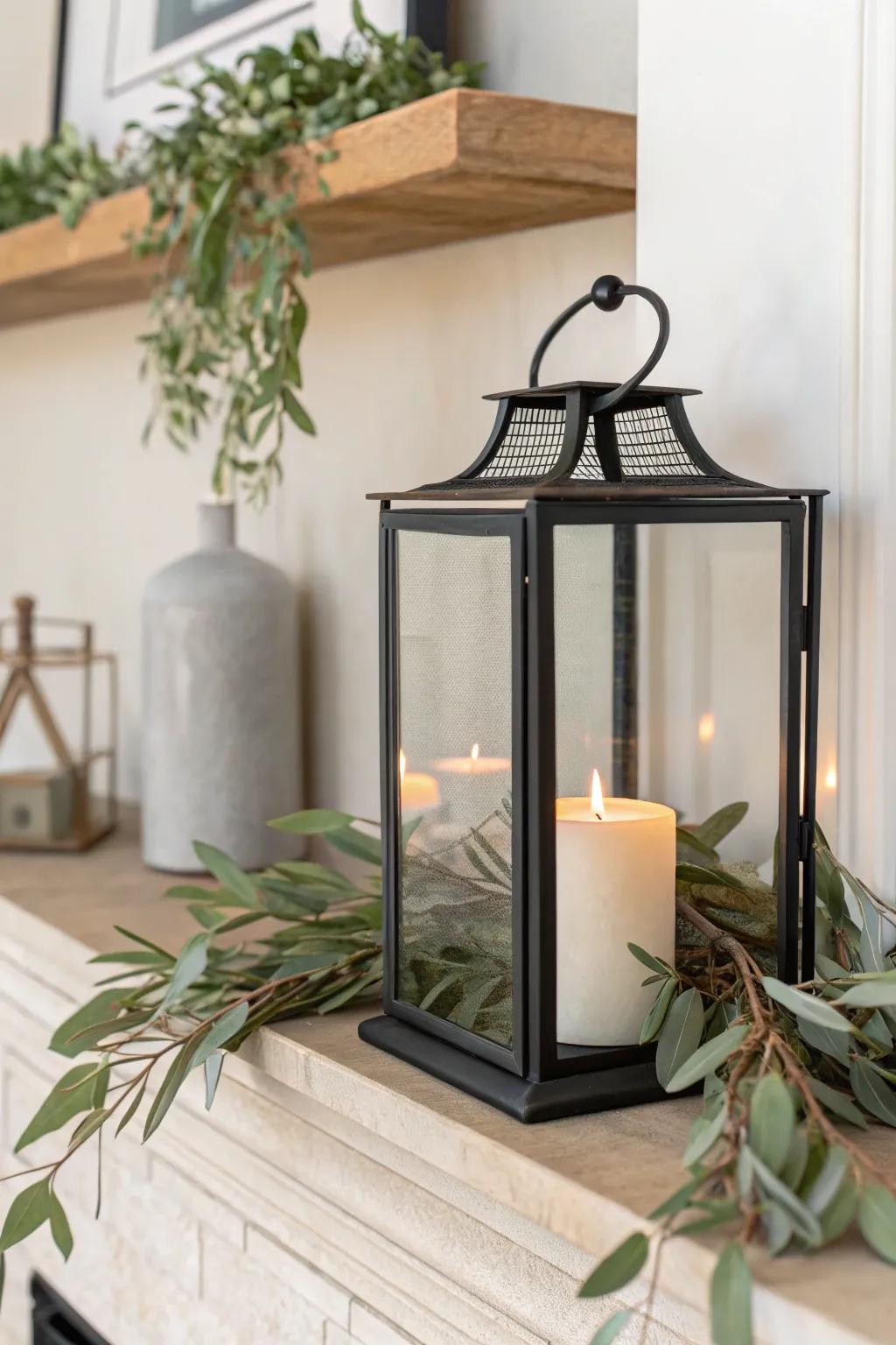 A cozy lantern glow tucked into mantle greenery—simple, layered, and beautifully calm.