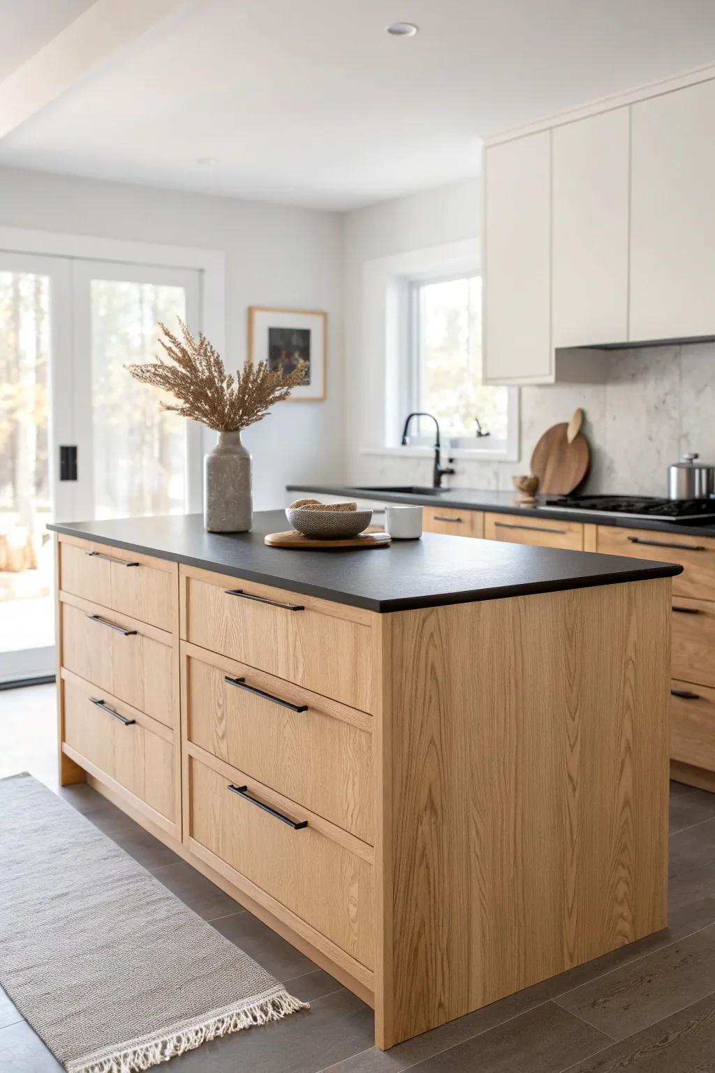 Maple warmth meets a bold black waterfall edge—clean, dramatic, and effortlessly high-end.