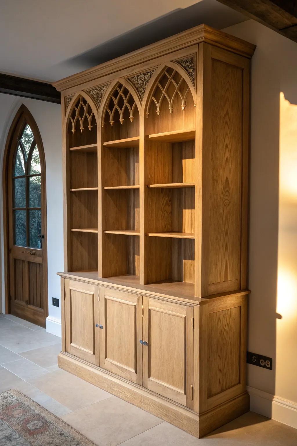 A minimalist oak bookcase with pointed-arch cutouts—Gothic charm in a calm, Nordic way.