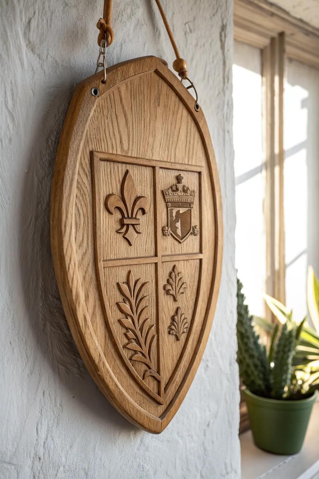 A single carved heraldic wood plaque brings medieval character with clean, minimalist warmth.