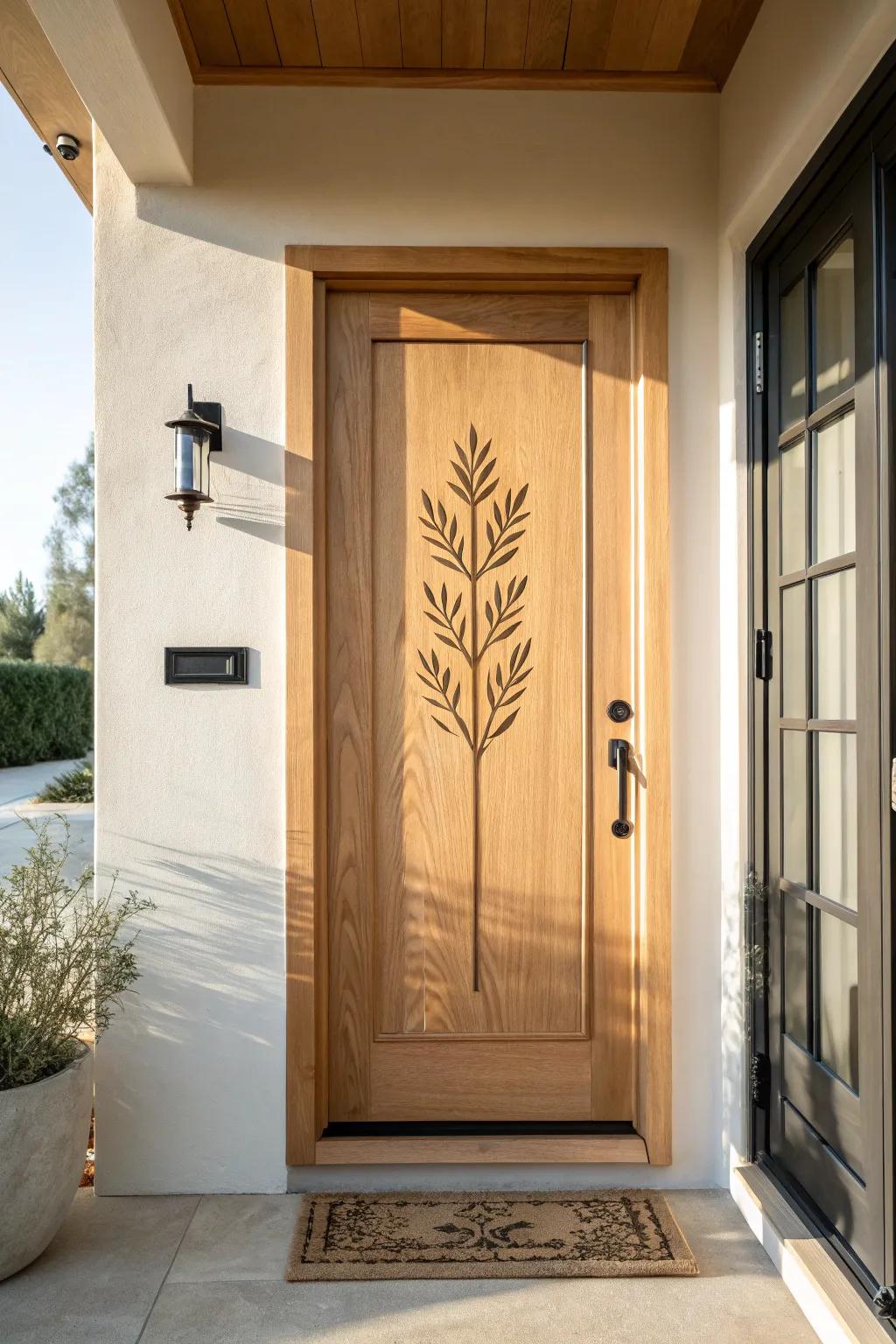 Tone-on-tone carved olive branch detail—Mediterranean charm in a calm minimalist door.