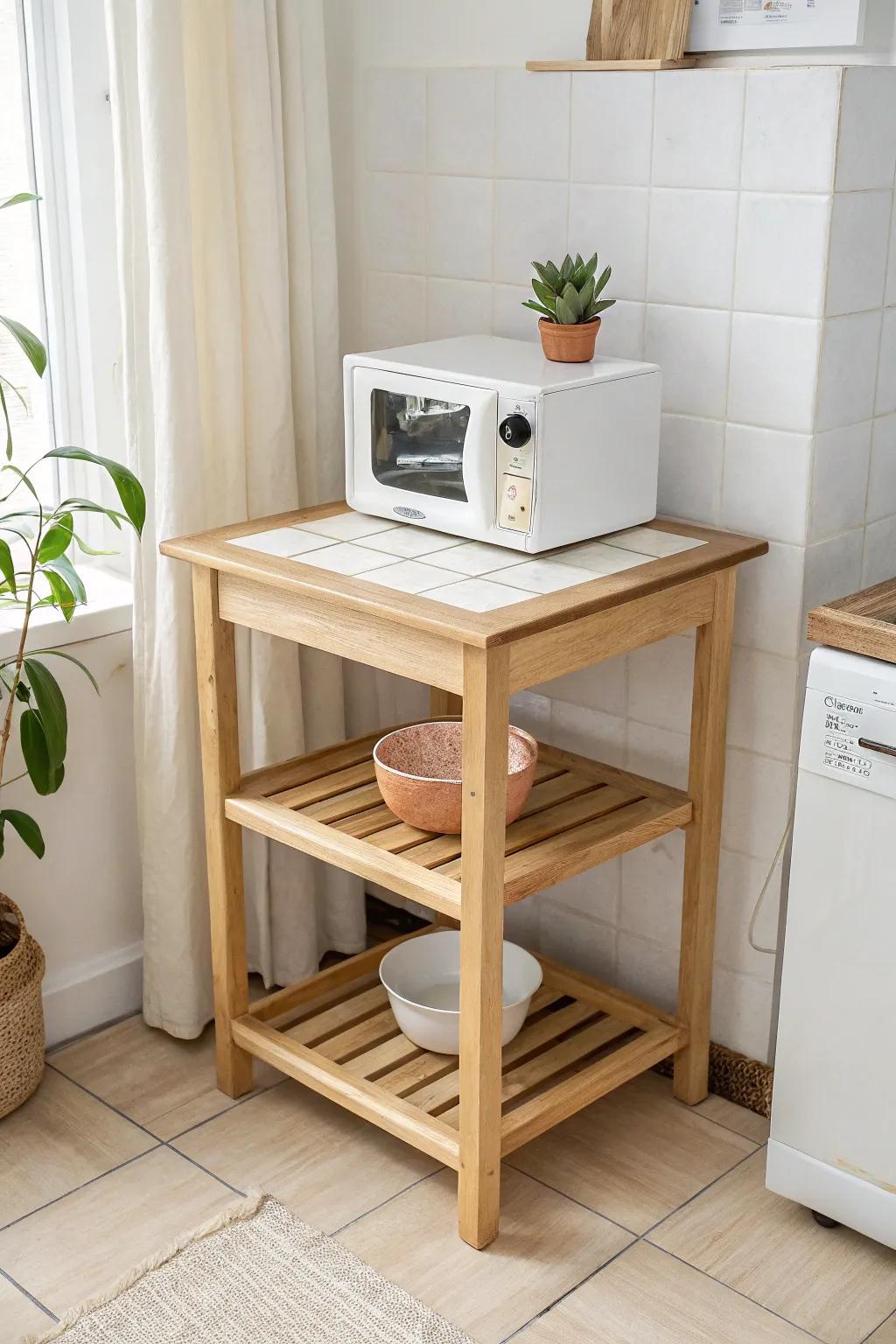 A vintage-inspired tile-top microwave stand—heat-friendly, minimalist, and beautifully handmade.